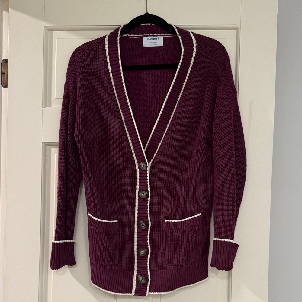 Old Navy Women's Plum Cardigan with White Trim/Stripe